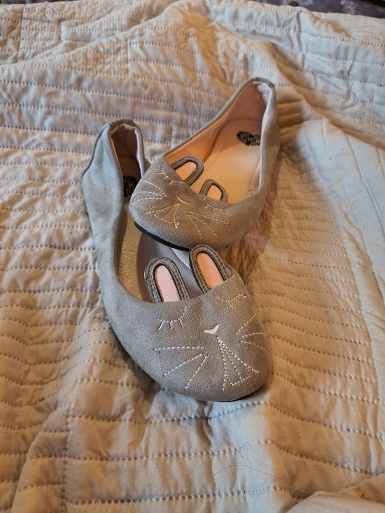 T.U.K Shoes - T.U.K Grey Suede Ballet Flats with Rabbit Ears And Embroidered Face. 6.5